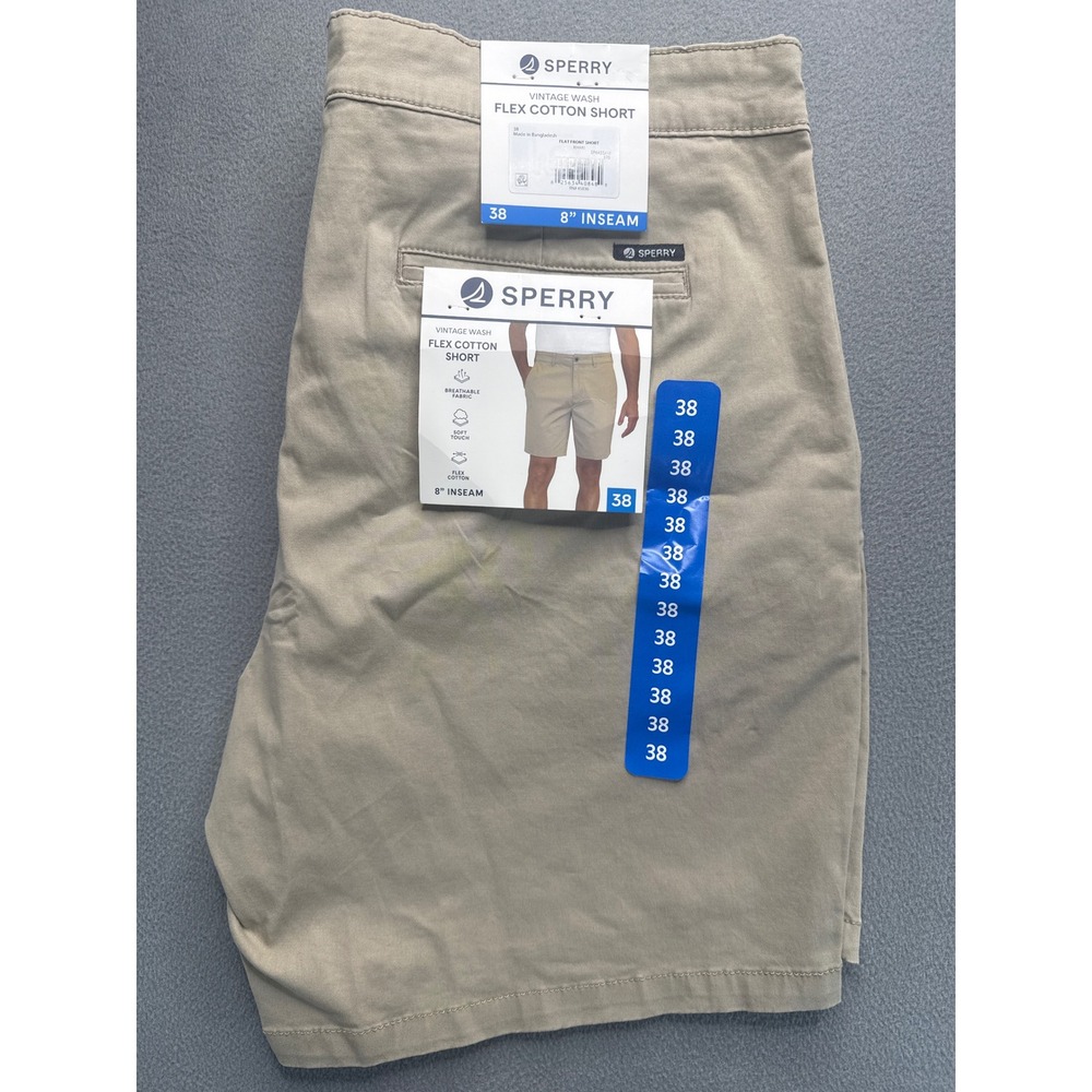 Sperry Shorts Men 38 Khaki Vintage Wash Flex Cotton Flat Front 8" Inseam